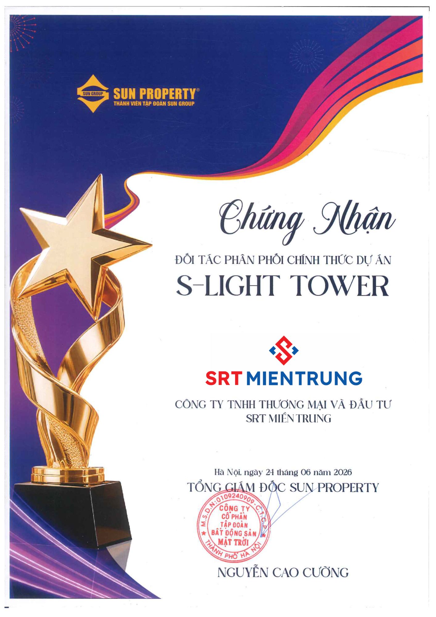 CHỨNG NHẬN ĐỐI TÁC PHÂN PHỐI CHÍNH THỨC DỰ ÁN S-LIGHT TOWER SRT MIỀN TRUNG